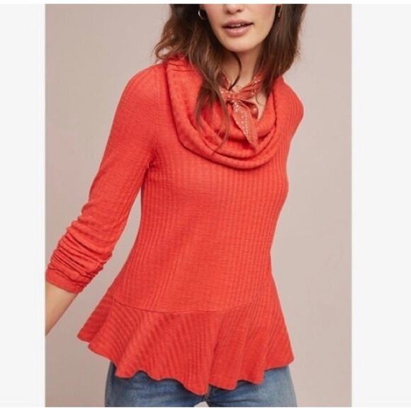 Maeve X Anthropologie Orange Winterscape Thermal Peplum Cowl Neck Top Size M - Picture 1 of 7